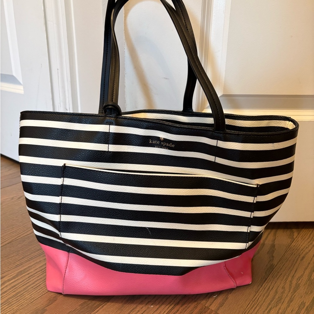 kate spade Black & White Striped Tote with Pink Base